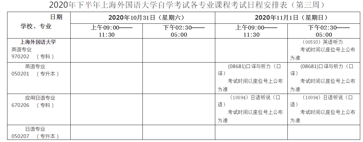【上海外国语大学】2020年下半年自考专业课程考试日程安排表